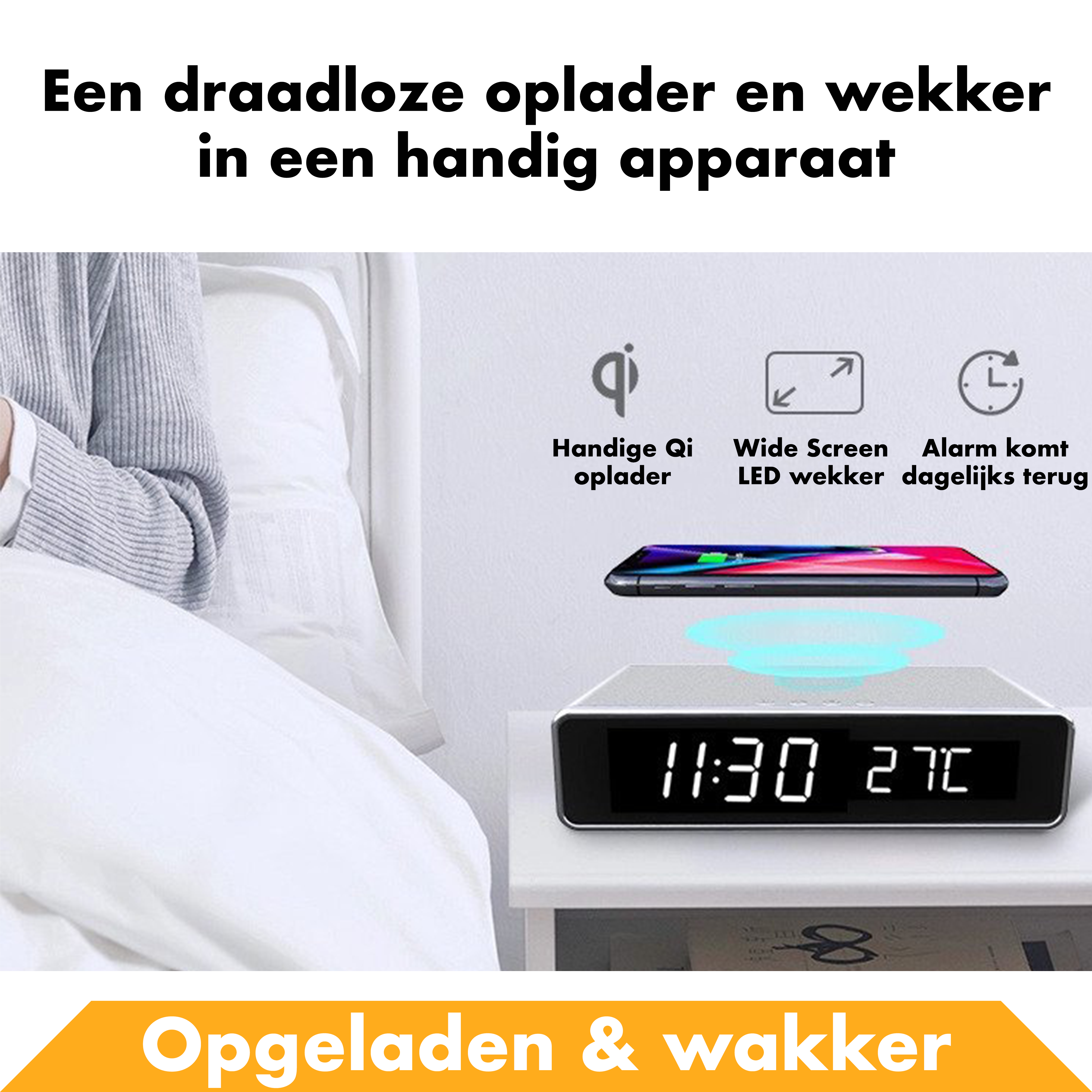 Wekker met draadloze oplader - Zilver